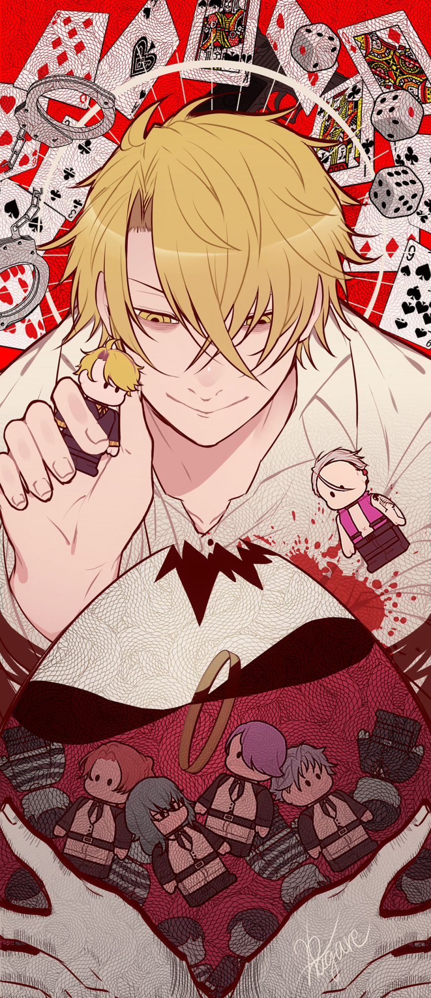 1boy absurdres ace_(playing_card) ace_of_spades bags_under_eyes bakshi_christensen bernardo_ortolani blonde_hair blood blood_splatter card closed_mouth commentary cuffs egg eight_of_diamonds_(playing_card) english_commentary fingernails four_of_diamonds giancarlo_bourbon_del_monte giulio_di_bondone gun hair_between_eyes hair_over_one_eye handcuffs handgun highres holding holding_toy ivan_fiore jack_(playing_card) jack_of_clubs_(playing_card) jewelry king_(playing_card) king_of_spades lego long_sleeves luchino_gregoretti lucky_dog_1 male_focus nagare26 nine_of_spades nostrils playing_card queen_(playing_card) queen_of_diamonds red_background ring seven_of_clubs shirt short_hair signature six_of_hearts smile solo spade_(shape) ten_of_hearts toy two_of_hearts weapon white_shirt