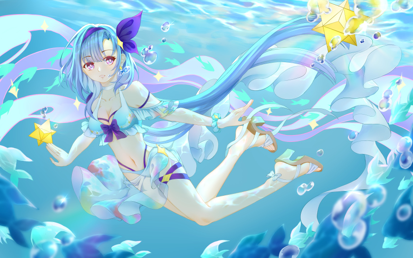 1girl absurdres alternate_costume bikini blue_hair breasts bubble chi_pao_fu_de_maotouying chinese_commentary commentary_request earrings fish griseo griseo_(cosmic_expression) high_heel_sandals highres honkai_(series) honkai_impact_3rd jewelry long_hair medium_breasts navel purple_eyes sandals solo stomach swimsuit toes underwater very_long_hair white_bikini