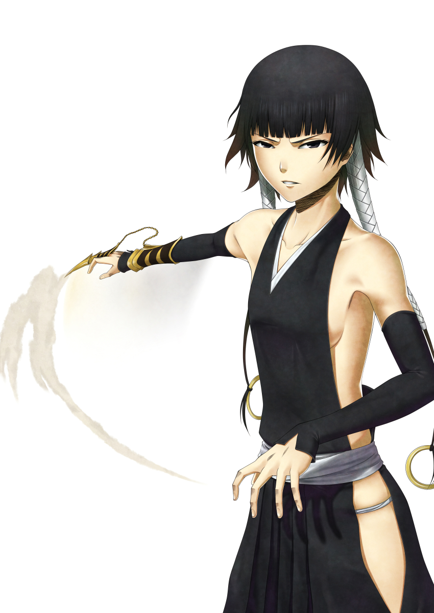 1girl absurdres black_hair bleach bleachist braid breasts detached_sleeves female_focus highres hip_vent hirotaka long_hair looking_at_viewer shikai short_hair_with_long_locks side_slit sideboob solo sui-feng twin_braids weapon