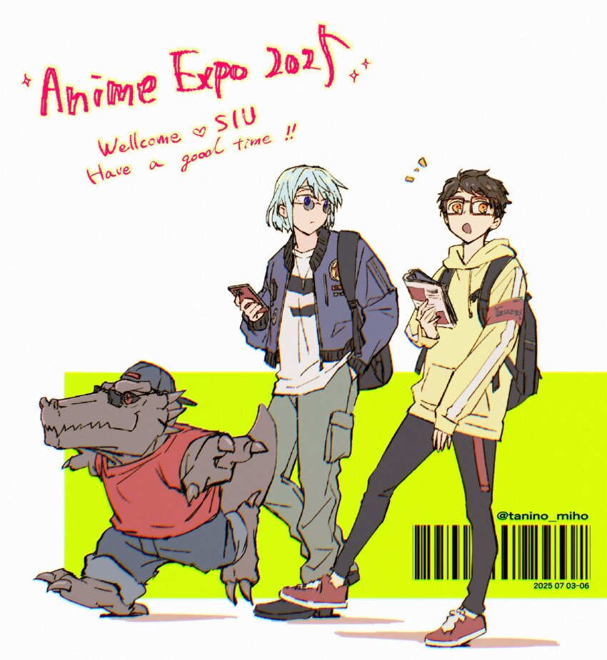 3boys absurdres armband backpack bag barcode black_bag black_pants black_shoes blue_eyes blue_hair blue_jacket cellphone claws closed_mouth denim english_text glasses hand_in_pocket hat highres holding holding_magazine holding_phone hood hood_down hoodie jacket jeans jewelry khun_aguero_agnis lizard_tail lizardman long_sleeves looking_at_another magazine_(object) multiple_boys necklace open_mouth original outstretched_arms pants phone rak_wraithraiser red_shirt red_shoes shirt shoes short_hair smartphone smile sunglasses tail tanino_miho tower_of_god twenty-fifth_bam twitter_username white_shirt yellow_hoodie