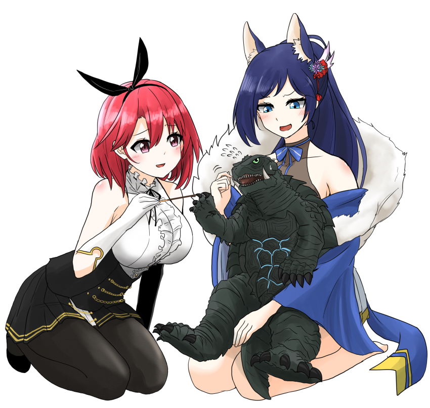 2girls animal_ear_fluff animal_ears asymmetrical_gloves azur_lane bare_shoulders black_fire black_prince_(azur_lane) blue_eyes blue_hair blush bow breasts champagne_bottle claws crossover elbow_gloves engi_(animation_studio) fang fangs fire flower fox_ears fox_girl frills fur_scarf gamera gamera_(series) gamera_-rebirth- gloves green_eyes grey_hairband hair_between_eyes hair_bow hair_flower hair_ornament hairband highres ibuki_(tulta_icon) jintsuu_(azur_lane) kadokawa kaiju kimono_dress large_breasts long_hair looking_at_viewer mismatched_gloves multiple_girls open_mouth pantyhose pink_eyes pink_hair polka_dot_hairband ponytail ribbon roulette_table sash sharp_teeth shirt smile spines table tail teeth tokusatsu turtle turtle_shell tusks wide_sleeves
