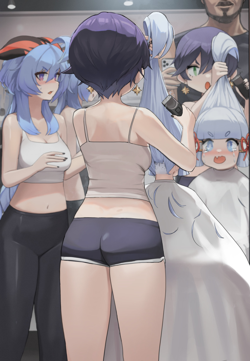 1boy 3girls absurdres alternate_costume ass ayaka_(genshin_impact) barber barber_cape blue_eyes blue_hair blunt_bangs blunt_tresses breasts crop_top crying dolri earrings electric_razor ganyu_(genshin_impact) genshin_impact green_eyes grey_hair hair_ribbon highres holding_another&#039;s_hair indoors jewelry long_hair looking_at_mirror medium_breasts mirror mona_(genshin_impact) multiple_girls navel open_mouth pants razor reflection ribbon shirt short_hair short_shorts shorts stomach taking_picture tank_top tress_ribbon white_shirt white_tank_top yoga_pants