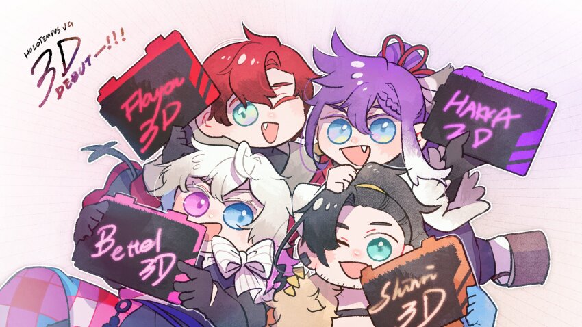 4boys absurdres banzoin_hakka black_gloves blue_eyes blue_hair celebration chibi commentary earrings english_commentary english_text eyelashes fang gavis_bettel gloves green_eyes grey_hair hair_between_eyes happy heterochromia highres holding holding_sign holostars holostars_english holotempus jacket jewelry josuiji_shinri licwiz_1103 long_hair looking_at_viewer machina_x_flayon male_focus multicolored_hair multiple_boys one_eye_closed open_mouth pink_eyes pink_hair ponytail purple_hair red_hair shirt short_hair sign smile upper_body virtual_youtuber white_background