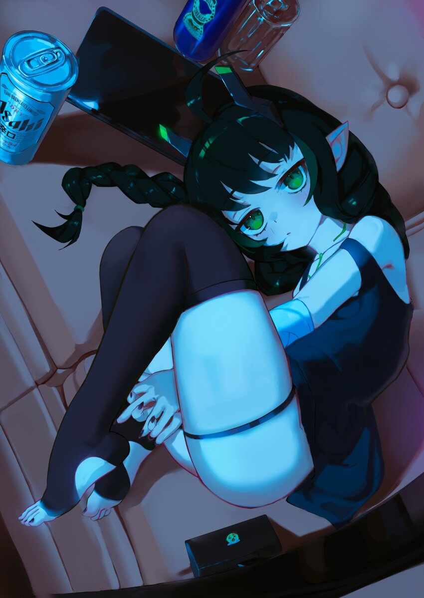 1girl absurdres ahoge bandaged_arm bandages beer_can black_dress black_horns black_nails black_thighhighs bottle braid can commission dress drink_can elf elfinpsyop green_eyes green_hair highres horns indie_virtual_youtuber long_hair looking_at_viewer multicolored_hair nail_polish pointy_ears second-party_source solo streaked_hair subu_art tablet_pc thigh_strap thighhighs toenail_polish toenails twin_braids virtual_youtuber