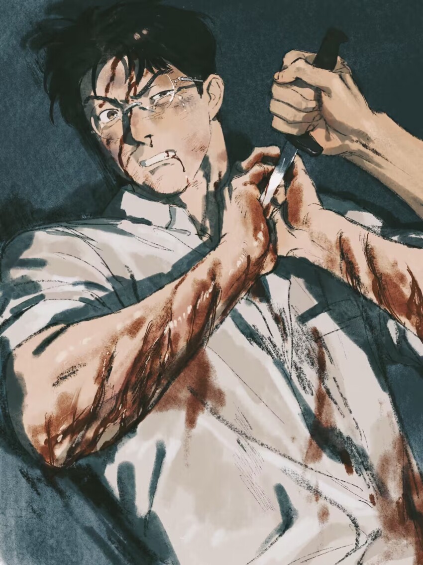 1boy black_hair bleeding blood blood_from_mouth blood_on_arm blood_on_clothes blood_on_face blood_on_hands brown_eyes bruise bruise_on_face chengongzi123 clenched_teeth collared_shirt cuts disembodied_hand glasses grey_background hands_up highres holding holding_knife injury knife kogure_kiminobu looking_at_viewer male_focus nosebleed pushing_away round_eyewear shirt short_hair simple_background slam_dunk_(series) tears teeth uneven_eyes upper_body very_short_hair white_shirt