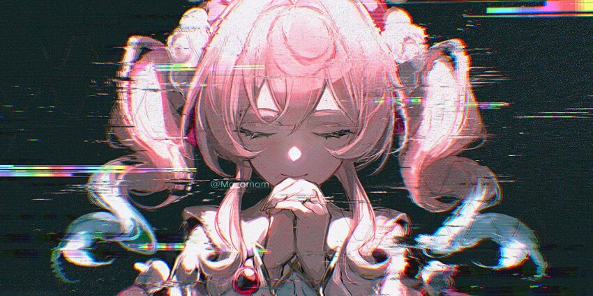 1girl aqua_hair closed_eyes closed_mouth drill_hair glitch honkai:_star_rail honkai_(series) hyacine_(honkai:_star_rail) medium_hair mg_omom multicolored_hair own_hands_together pink_hair solo twin_drills twintails twitter_username two-tone_hair upper_body