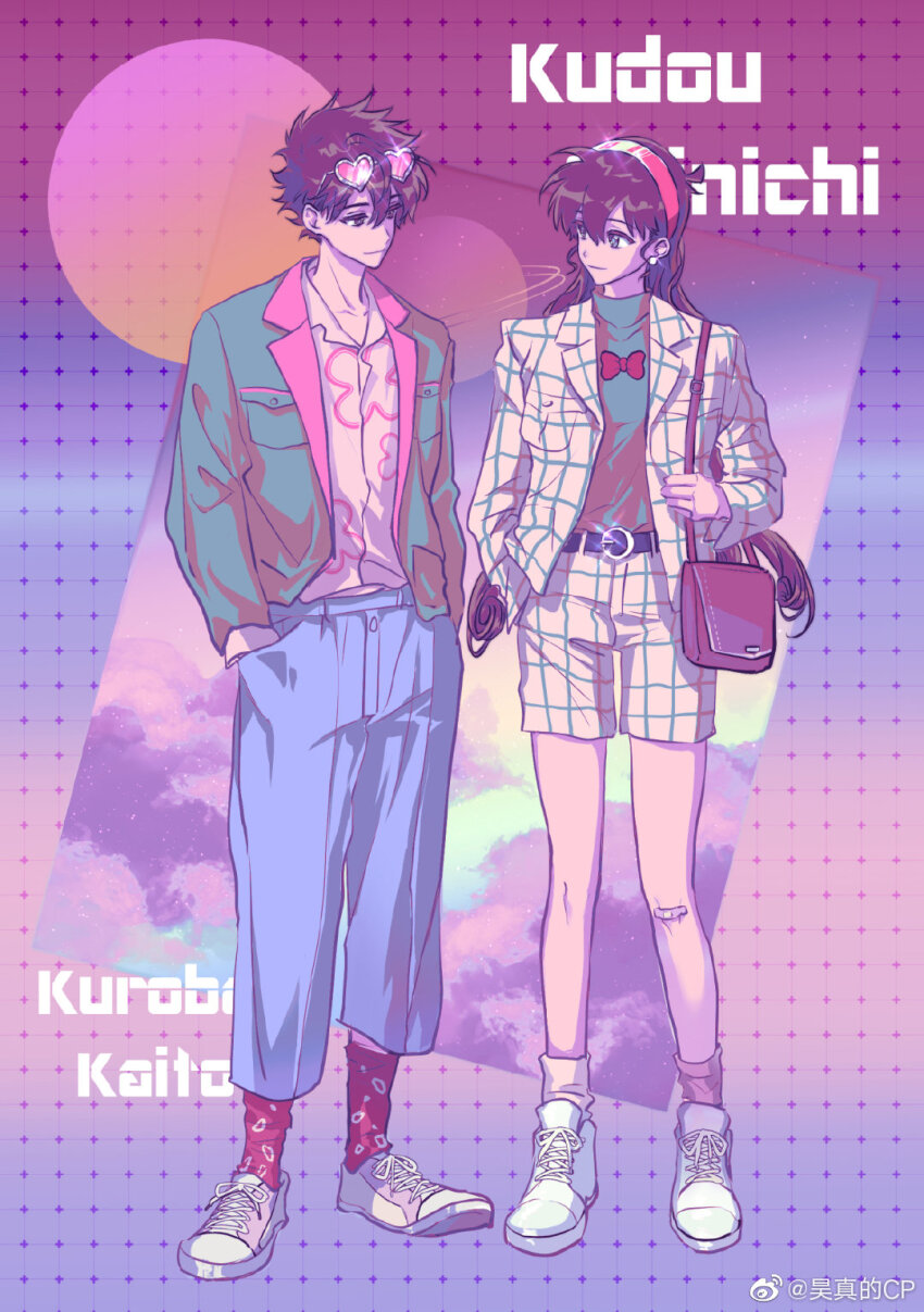 1boy 1girl alternate_costume bag bandaid bandaid_on_knee bandaid_on_leg belt black_eyes black_hair blue_pants bow brown_hair character_name chinese_commentary closed_mouth collarbone collared_shirt denim eyewear_on_head full_body genderswap genderswap_(mtf) glasses green_jacket green_shirt hair_between_eyes hairband hand_in_pocket handbag haoriday hat headband highres holding jacket jewelry kudou_shin&#039;ichi kuroba_kaito long_hair long_sleeves looking_at_another magic_kaito meitantei_conan open_clothes open_jacket open_shirt pants phone plaid_clothes plaid_jacket plaid_shirt polka_dot print_shirt red_bow red_headband shirt shoes short_hair shorts shoulder_bag sneakers socks standing sunglasses watermark weibo_watermark white_shirt white_shoes white_shorts