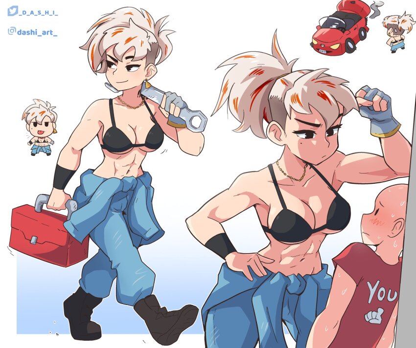 1girl 1other :p abs against_wall bald black_boots black_bra blue_gloves blue_pants blue_shirt blush boots bra car chibi chibi_inset closed_mouth clothes_around_waist commentary dashi_(dashiart) earrings full_body gloves hands_on_own_hips highres holding holding_wrench instagram_username jewelry long_hair mole mole_under_eye motor_vehicle multicolored_hair multiple_views necklace nina_(dashi) orange_hair original pants partially_fingerless_gloves ponytail red_shirt shiny_skin shirt shirt_around_waist short_sleeves single_earring single_glove smile smoke sweat sweatdrop toned toned_female tongue tongue_out toolbox twitter_username two-tone_hair undercut underwear upper_body white_hair wrench wristband