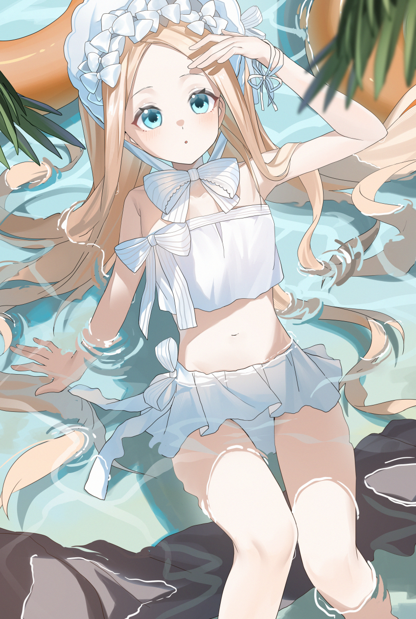 1girl abigail_williams_(fate) abigail_williams_(swimsuit_foreigner)_(fate) abigail_williams_(swimsuit_foreigner)_(third_ascension)_(fate) absurdres bikini blonde_hair blue_eyes blush bonnet expressionless fate/grand_order fate_(series) flat_chest highres long_hair looking_at_viewer miyu10366 navel sitting solo sunlight swimsuit thigh_gap very_long_hair water white_bikini