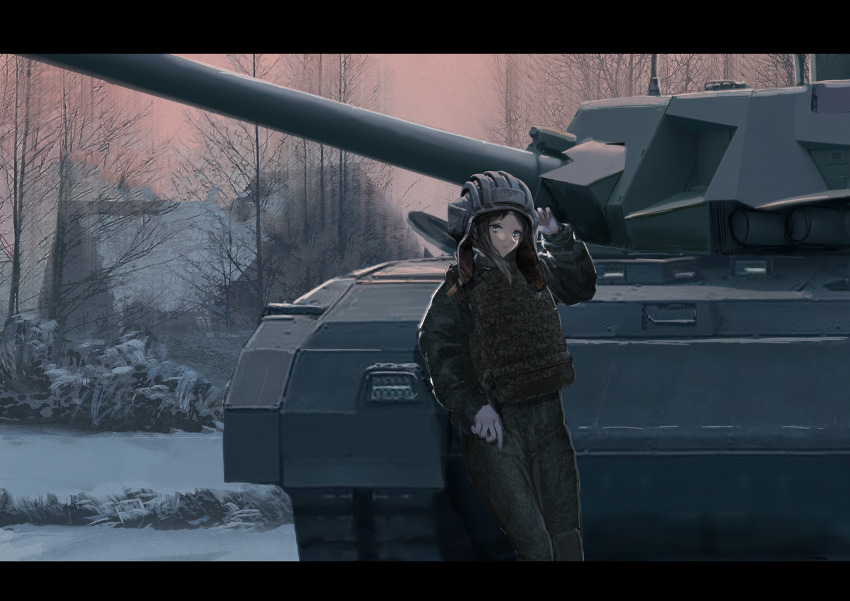 1girl absurdres brown_hair bulletproof_vest cannon commission green_eyes helmet highres leaning_against_vehicle military_combat_uniform military_uniform military_vehicle motor_vehicle original pixiv_commission russian_commentary snow solo t-14_armata tank tank_helmet tank_turret tree winter yukikaze_supersylph