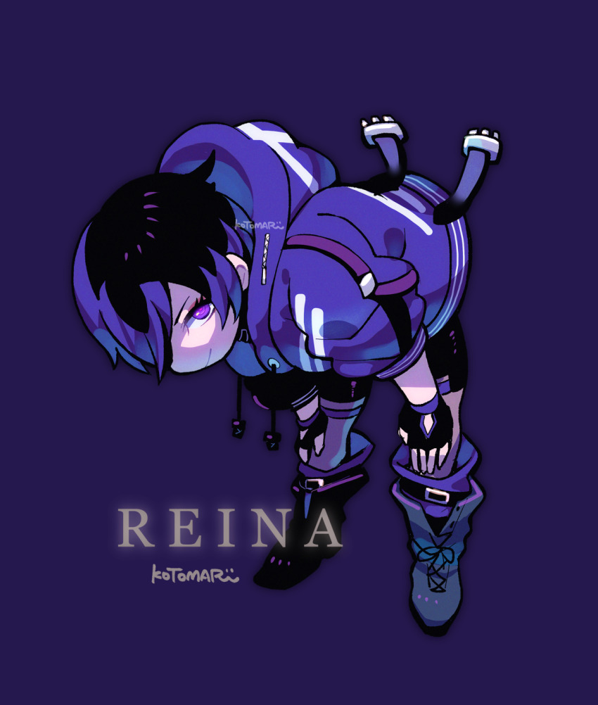 1girl belt_collar choker collar colored_tips fingerless_gloves gloves grey-tinted_eyewear highres imminent_kick jacket kotorai leg_warmers multicolored_hair multicolored_jacket purple_jacket purple_leg_warmers reina_(tekken) short_hair smile solo tekken tekken_8 tinted_eyewear torn_choker torn_clothes two-tone_jacket