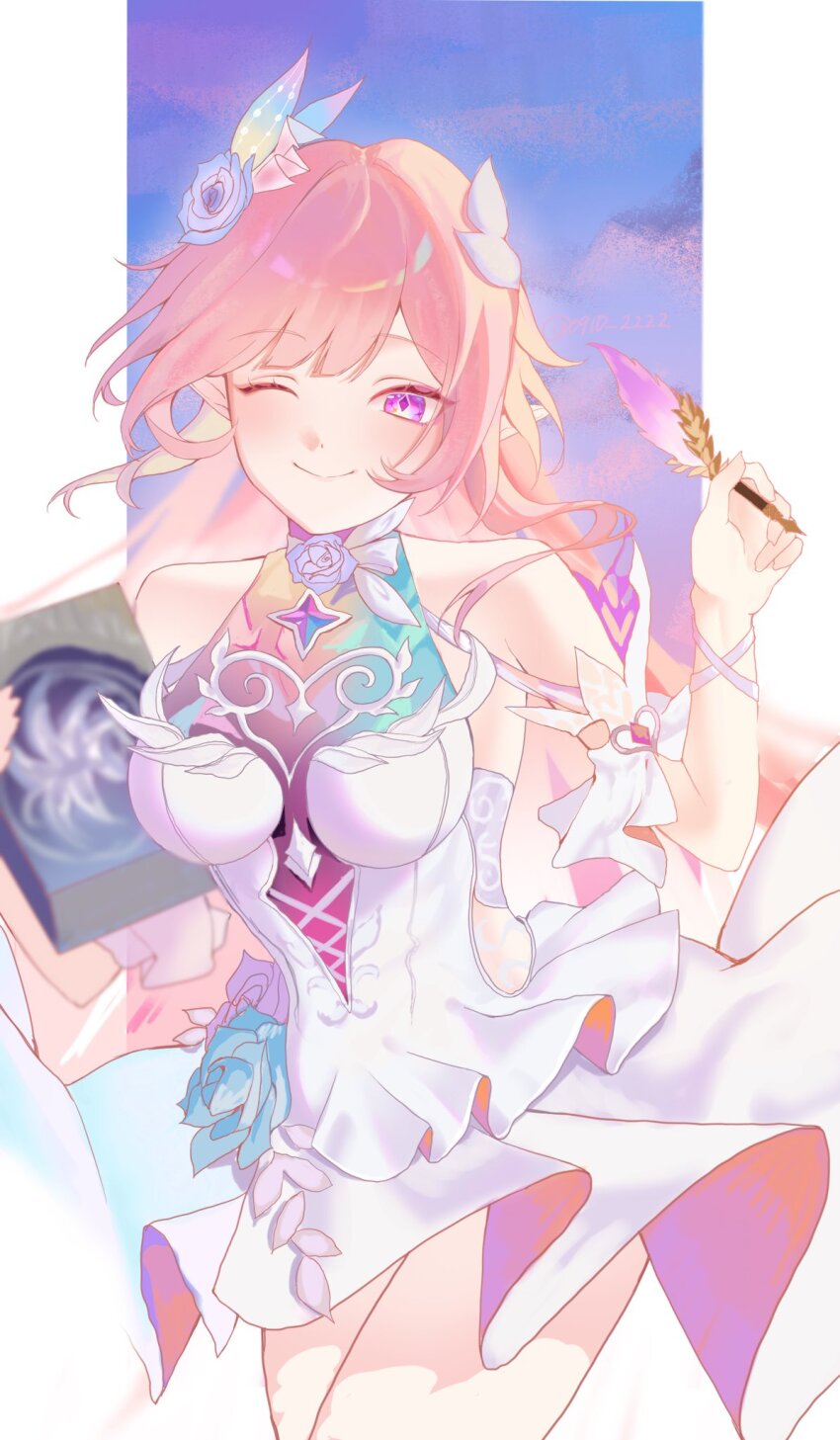 0910_2222 1girl ;) bare_shoulders blue_sky book border breasts commentary_request cyrene_(honkai:_star_rail) cyrene_(ripples_of_past_reverie)_(honkai:_star_rail) diamond-shaped_pupils diamond_(shape) flower hair_flower hair_ornament highres holding holding_book holding_quill honkai:_star_rail honkai_(series) large_breasts long_hair looking_at_viewer one_eye_closed pink_hair purple_eyes quill sky smile solo symbol-shaped_pupils very_long_hair white_border
