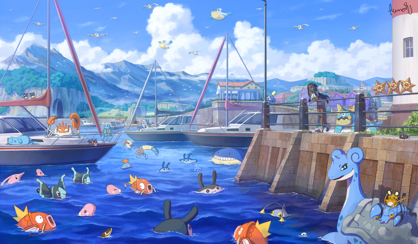 1girl against_fence armlet arrokuda bike_shorts black_hair blue_eyes blue_eyeshadow blue_hair boat building bush chinchou clauncher cloud commentary_request dark-skinned_female dark_skin day dedenne drednaw dynamax_band earrings eyelashes eyeshadow fence fumeshi gen_1_pokemon gen_2_pokemon gen_3_pokemon gen_4_pokemon gen_6_pokemon gen_7_pokemon gen_8_pokemon gloves gorebyss grass gym_leader hair_bun highres hoop_earrings huntail jewelry kingler lapras long_hair lumineon luvdisc magikarp makeup mantine mantyke milotic mountainous_horizon multicolored_hair necklace nessa_(pokemon) nintendo open_mouth outdoors pelipper pokemon pokemon_(creature) pokemon_swsh primarina pyukumuku quagsire rookidee sandals shellder signature single_glove single_hair_bun sky smile sobble squirtle standing staryu teeth toes tongue two-tone_hair wailmer water watercraft window wingull