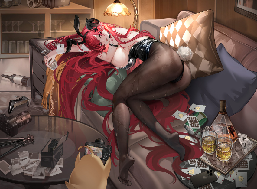 1girl absurdly_long_hair absurdres animal_ear_hairband animal_ears arm_strap ass azur_lane black_horns black_leotard bottle breasts brown_pantyhose camera cellphone commentary couch cup curled_horns detached_collar drinking_glass empty_bottle fake_animal_ears fake_tail film_strip forward-facing_horns full_body hair_spread_out hairband highres hindenburg_(azur_lane) hindenburg_(delirious_duel)_(azur_lane) holding holding_camera holding_cup horns indoors large_breasts leotard long_hair looking_at_viewer lying manjuu_(azur_lane) official_alternate_costume on_couch on_side pantyhose phone pillow playboy_bunny pointy_ears rabbit_ear_hairband rabbit_ears rabbit_tail recording red_eyes red_hair smartphone solo strapless strapless_leotard tail very_long_hair wine_bottle wine_glass yoyoleaf