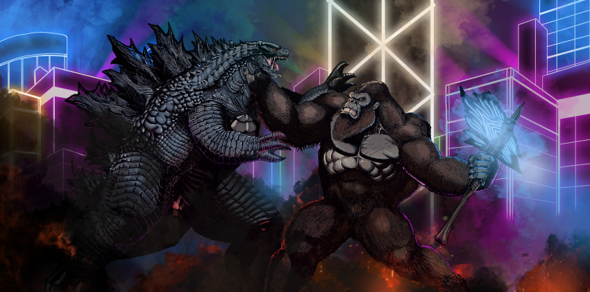 absurdres axe bank_of_china_tower battle_axe bone bone_axe building burning_axe christian_willett city claws crossover flaming_weapon glowing glowing_axe glowing_weapon godzilla godzilla_(monsterverse) godzilla_(series) godzilla_vs._kong gorilla highres kaiju king_kong king_kong&#039;s_battle_axe king_kong_(series) kong_(monsterverse) legendary_pictures monsterverse no_humans open_mouth real_world_location scales sharp_teeth teeth toho weapon