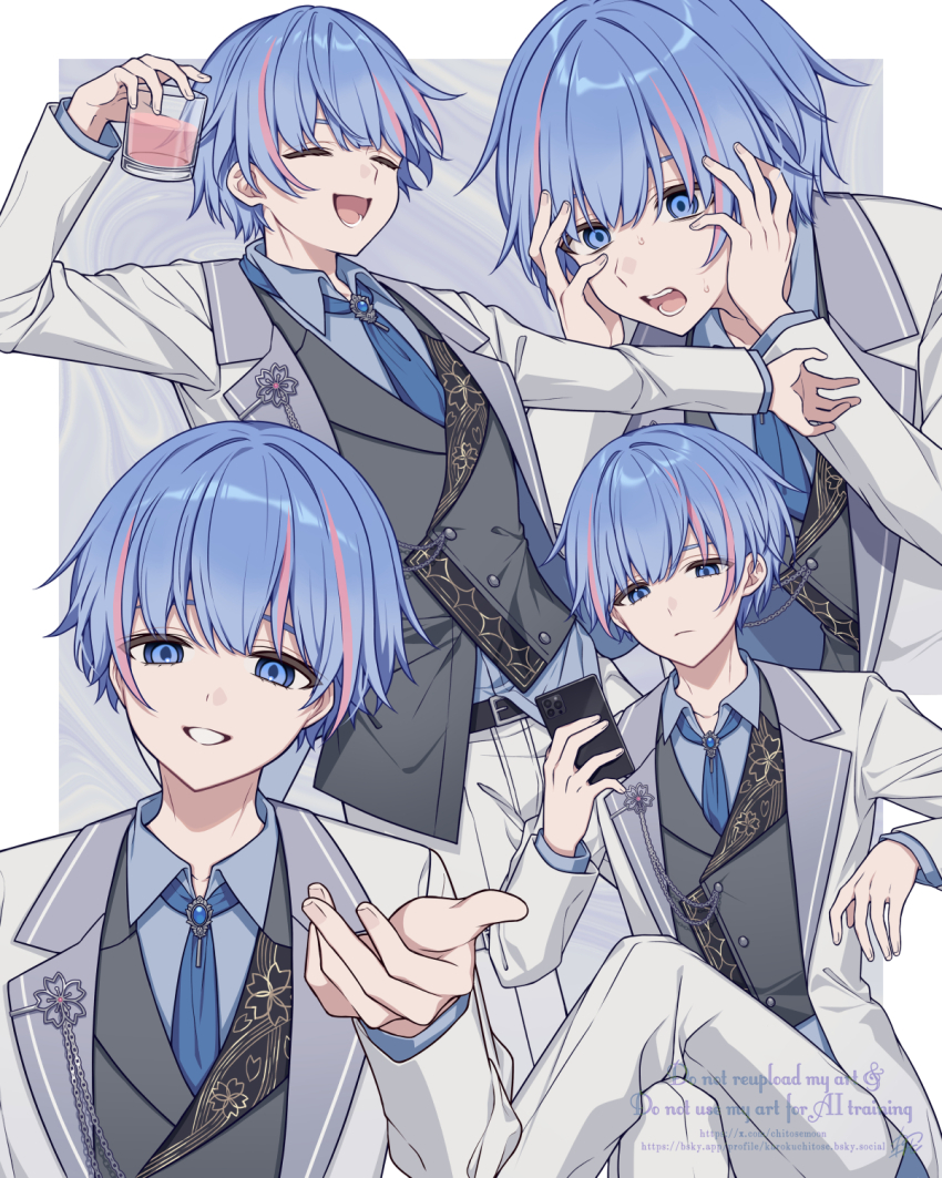 :d ^_^ aoi_sakura_(japanese_vtuber) blue_eyes blue_hair blue_shirt cellphone closed_eyes closed_mouth collared_shirt commentary_request crossed_legs cup drinking_glass english_text grey_jacket grey_pants grey_vest hand_up hands_up highres holding holding_cup holding_phone indie_virtual_youtuber jacket karokuchitose multicolored_hair multiple_views official_art open_clothes open_jacket open_mouth pants phone pink_hair shirt sitting smile streaked_hair vest watermark