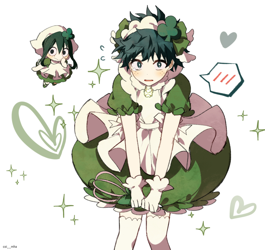 1boy 1girl alternate_costume amulet_clover amulet_clover_(cosplay) apron asui_tsuyu blush boku_no_hero_academia chibi coi_mha commentary cosplay crossdressing dress freckles gloves green_dress green_hair heart highres looking_at_viewer maid_headdress midoriya_izuku open_mouth puffy_short_sleeves puffy_sleeves short_dress short_hair short_sleeves shugo_chara! simple_background sparkle sparkle_background spoken_blush tearing_up thighhighs white_apron white_background white_gloves white_thighhighs