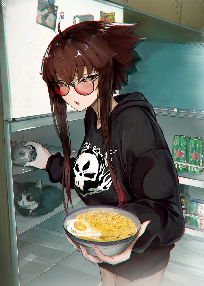 1girl ahoge alcohol beer beer_can black_hoodie bottomless bowl breasts brown_hair can cat cup_ramen drink_can egg food glasses highres holding holding_bowl holding_can hood hood_down hoodie indoors kitchen liz_(nin_fake) long_sleeves looking_over_eyewear multicolored_hair nin_fake noodles open_mouth original photo_(object) print_hoodie ramen red-tinted_eyewear red_eyes red_hair refrigerator round_eyewear short_hair_with_long_locks sidelocks soda_can solo standing sunglasses tinted_eyewear