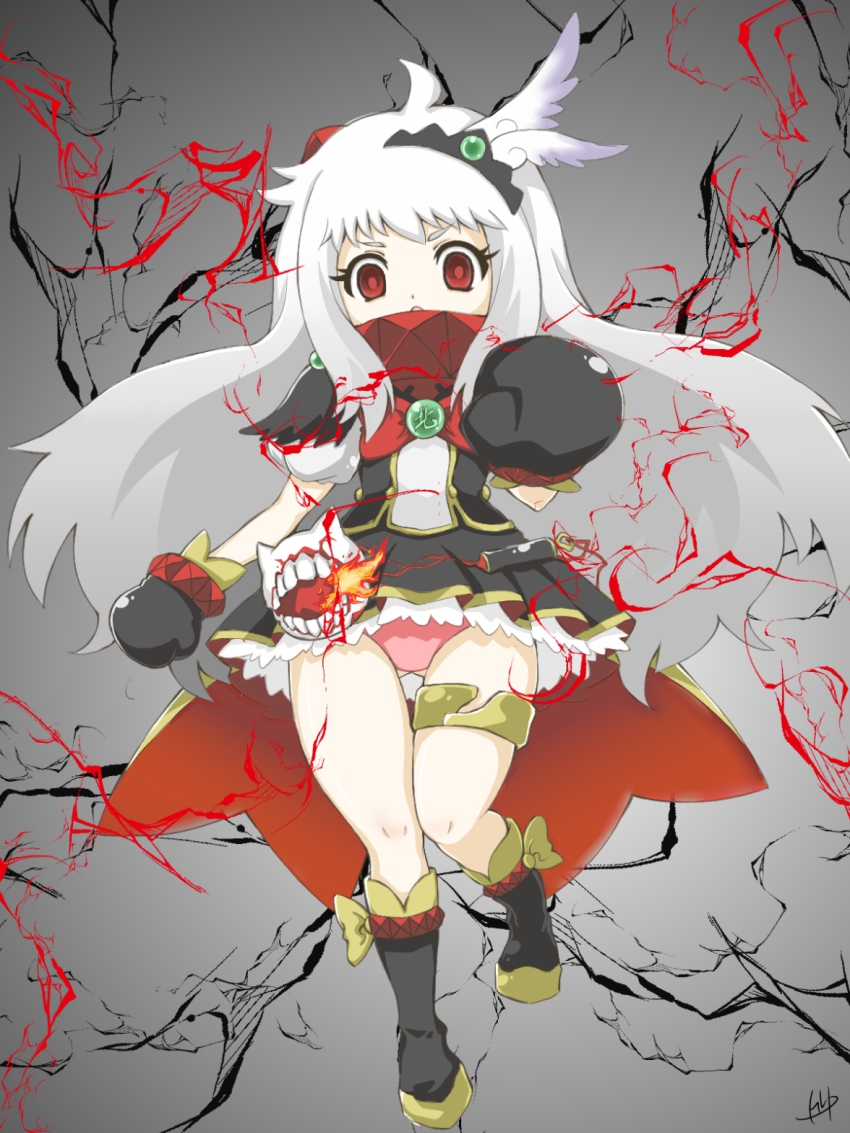 10s 1girl abyssal_ship ahoge alternate_costume bad_id bad_pixiv_id cosplay cure_peace cure_peace_(cosplay) female_focus hair_ornament highres horns kanemoto_hisako kantai_collection long_hair looking_at_viewer mittens northern_ocean_princess pale_skin panties pantyshot precure red_eyes smile_precure! solo spiritual_b90 underwear voice_actor_connection white_hair