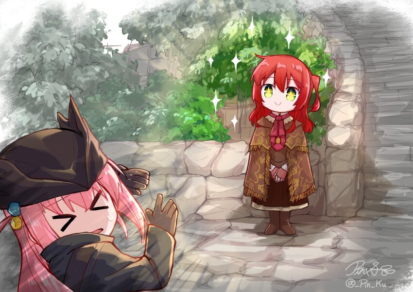 &gt;_&lt; +_+ 2girls :&gt; absurdres ascot bloodborne bocchi_the_rock! brown_cloak brown_footwear brown_gloves cloak closed_eyes cosplay cube_hair_ornament gloves gotoh_hitori green_eyes hair_ornament hat highres hunter_(bloodborne) hunter_(bloodborne)_(cosplay) kita_ikuyo multiple_girls own_hands_together pin.s pink_hair plain_doll plain_doll_(cosplay) red_ascot red_hair side_ponytail sparkle stairs standing sweatdrop