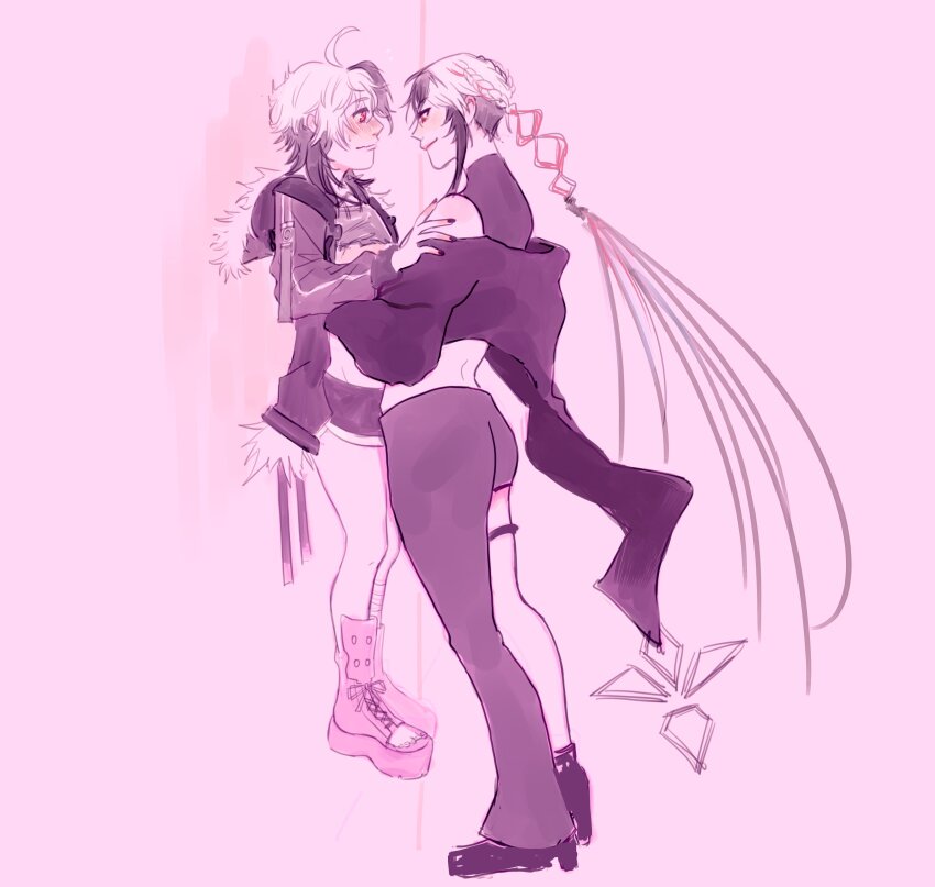 2girls absurdres against_wall ahoge androgynous asymmetrical_legwear bandaged_leg bandages black_hair black_nails blush braid crop_top embarrassed flat_chest flower_(gynoid_talk) flower_(vocaloid) fuiro fur_trim goth_fashion height_difference highres jacket lauren_phillips_lifting_alice_merchesi_(meme) lifting_person meme messy_hair multicolored_hair multiple_girls open_clothes open_jacket parody platform_footwear platform_heels red_eyes red_hair shingoulight shirt shoelaces short_hair_with_long_locks short_shorts shorts size_difference streaked_hair sweatdrop thigh_strap toeless_footwear torn_clothes torn_shirt turtleneck vocaloid white_hair yuri