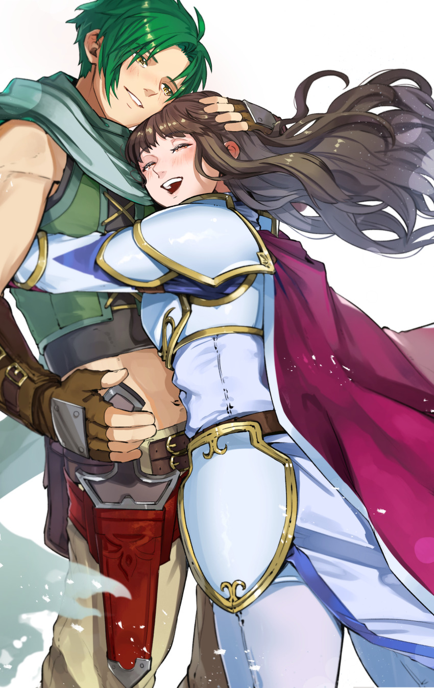 1boy 1girl ^_^ absurdres armor astrid_(fire_emblem) black_hair cape closed_eyes commission commissioner_upload fingerless_gloves fire_emblem fire_emblem:_radiant_dawn gloves green_hair green_vest hand_on_another&#039;s_head hetero highres hug long_hair misokatsuhaumai nintendo non-web_source open_mouth pauldrons purple_cape shoulder_armor smile sothe_(fire_emblem) vest vgen_commission yellow_eyes