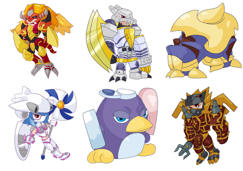 absurdres aircraft airplane aldamon armor beowolfmon blonde_hair daipenmon digimon digimon_(creature) highres horns jetsilphymon long_hair raihimon rhinokabuterimon simple_background sword weapon white_background wings