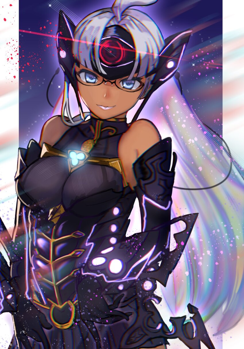 1girl bare_shoulders black-framed_eyewear black_dress black_gloves black_sleeves blue_eyes breasts cleavage closed_mouth commentary covered_collarbone dark-skinned_female dark_skin detached_sleeves dress glasses gloves grey_hair headgear headpiece highres long_hair long_sleeves looking_at_viewer medium_breasts r123 semi-rimless_eyewear sleeveless sleeveless_dress smile solo t-elos t-elos_re: under-rim_eyewear very_long_hair xenoblade_chronicles_(series) xenoblade_chronicles_2 xenosaga xenosaga_episode_iii