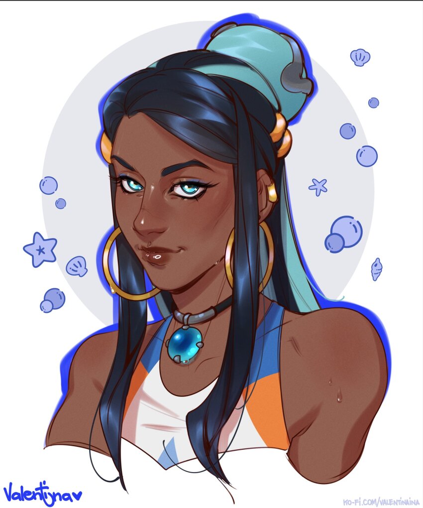 1girl artist_name black_hair blue_eyes collar dark-skinned_female dark_skin earrings game_freak highres hoop_earrings jewelry long_hair looking_at_viewer nessa_(pokemon) nintendo pokemon pokemon_swsh portrait solo valentina_tavolilla very_dark_skin
