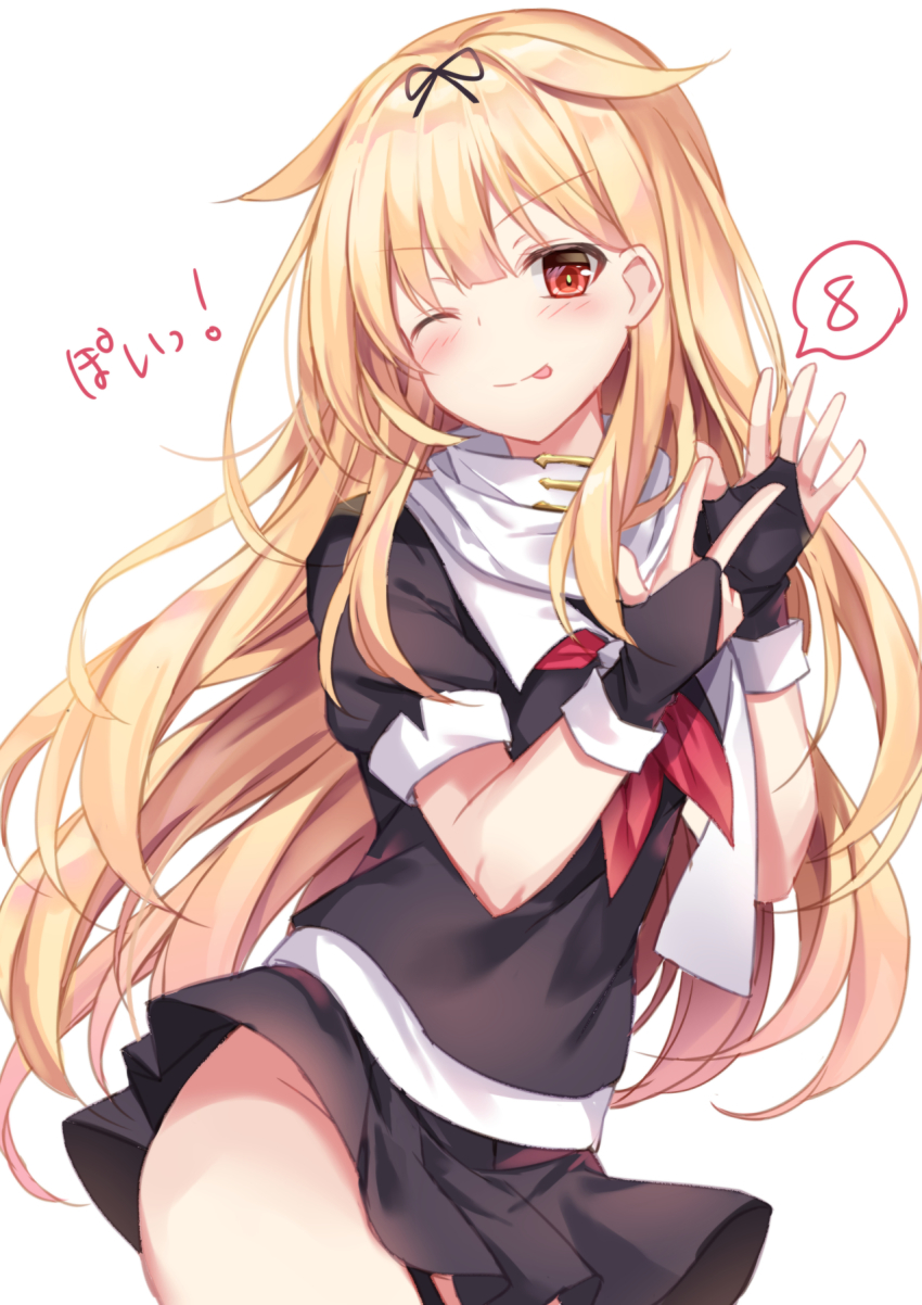 1girl :p black_gloves black_skirt blonde_hair blush female_focus fingerless_gloves gloves hair_flaps hair_ribbon highres kantai_collection long_hair neckerchief no_panties one_eye_closed red_eyes red_neckerchief ribbon sailor_collar scarf school_uniform serafuku short_sleeves simple_background skirt solo sugisaki_yuu tongue tongue_out white_background white_scarf yuudachi_(kancolle) yuudachi_kai_ni_(kancolle)