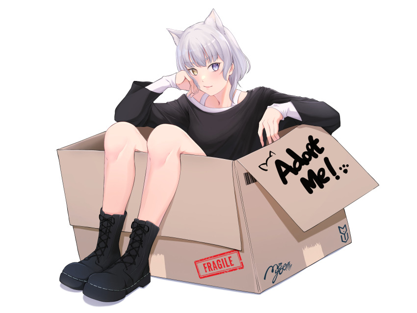 1girl animal_ears bang_dream! bang_dream!_it&#039;s_mygo!!!!! black_boots black_shirt blue_eyes boots box cardboard_box cat_ears cat_girl closed_mouth commentary english_commentary head_rest heterochromia highres in_box in_container kaname_raana looking_at_viewer miyamu mygo!!!!!_logo_(bang_dream!) raana_the_cat shirt simple_background solo white_background white_shirt yellow_eyes