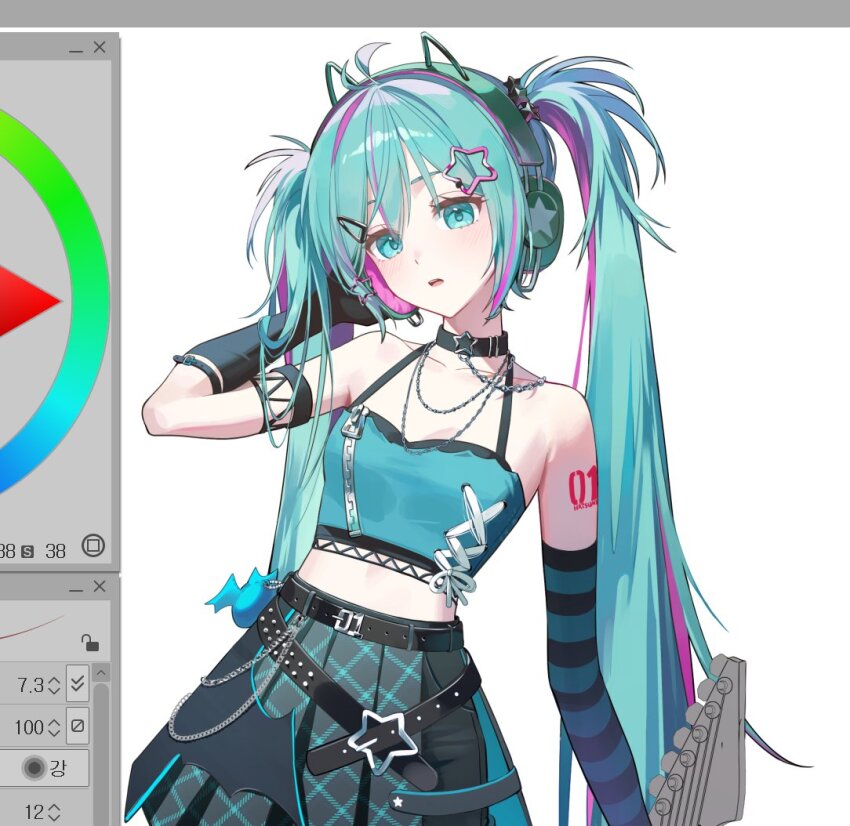 1girl aqua_eyes aqua_hair aqua_tank_top art_program_in_frame belt belt_collar collar collarbone commentary english_commentary fashion hair_ornament hairclip hatsune_miku headset long_hair looking_at_viewer midriff multiple_belts number_tattoo nun_nu open_mouth plaid_clothes plaid_skirt punk shoulder_tattoo skirt solo tank_top tattoo twintails unfinished vocaloid