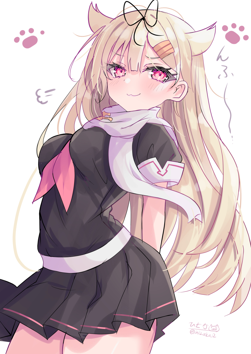 1girl absurdres black_serafuku black_shirt black_skirt blonde_hair hair_flaps hair_ribbon highres hizaka kantai_collection long_hair neckerchief one-hour_drawing_challenge paw_print pleated_skirt puff_of_air red_eyes red_neckerchief ribbon sailor_collar sailor_shirt scarf school_uniform serafuku shirt simple_background skirt solo white_background white_scarf yuudachi_(kancolle) yuudachi_kai_ni_(kancolle)