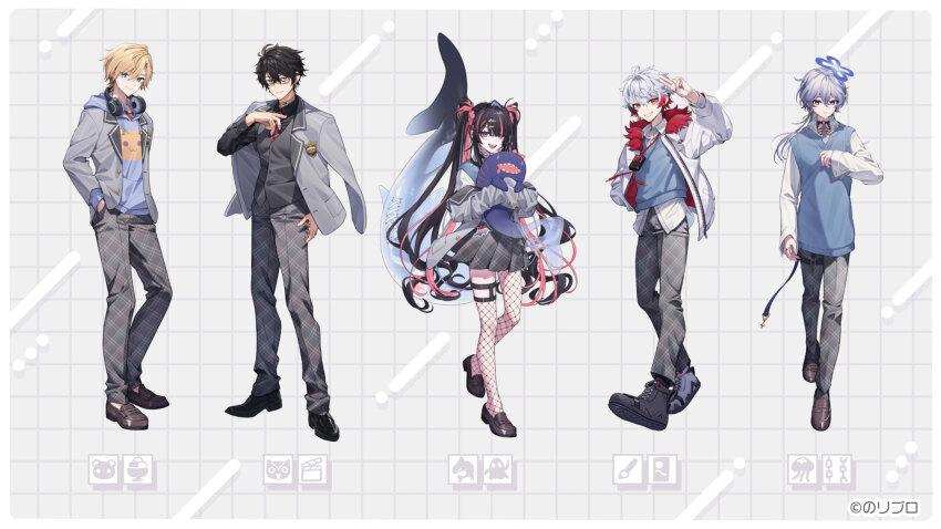 1girl 4boys azana_piroparu black_hair black_shoes blazer blonde_hair blue_eyes blue_halo blue_sweater_vest boots brown_shoes closed_mouth drawstring dress_pants dress_shoes fishnet_thighhighs fishnets glasses hair_ornament hairclip halo headphones headphones_around_neck highres hood hoodie jacket kumagaya_takuma kurage_toumi kyoyu_shiroya loafers meika_loveka multicolored_hair multiple_boys necktie noripro official_art okanoyuno open_mouth pants pin pink_hair plaid_clothes plaid_pants plaid_skirt purple_eyes red_eyes red_hair red_necktie round_one shirt shoes simple_background skirt striped_necktie sweater_vest tagme thighhighs white_hair white_shirt yellow_eyes zipper zipper_pull_tab