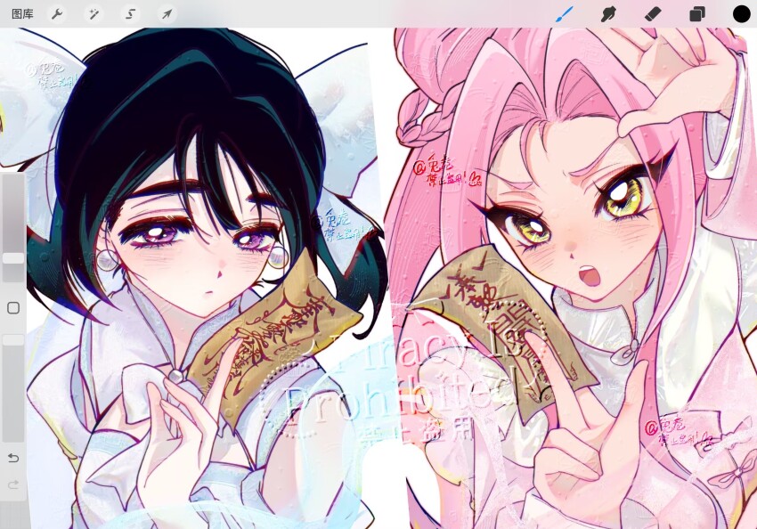 2girls alien_stage alternate_costume art_program_in_frame between_fingers black_hair bow braid china_dress chinese_clothes chinese_commentary commentary_request dress earrings hair_bow hair_intakes highres holding jewelry long_hair mizi_(alien_stage) multiple_girls ofuda ofuda_between_fingers open_mouth partial_commentary pearl_earrings pink_hair short_hair sphere_earrings sua_(alien_stage) tu_juan white_bow white_dress yellow_eyes
