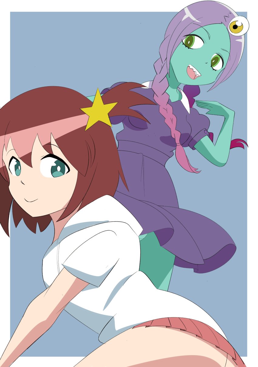 2girls absurdres ass breasts brown_hair ch4d85 green_eyes highres luluco midori_(uchuu_patrol_luluco) multiple_girls panties smile thighs uchuu_patrol_luluco underwear