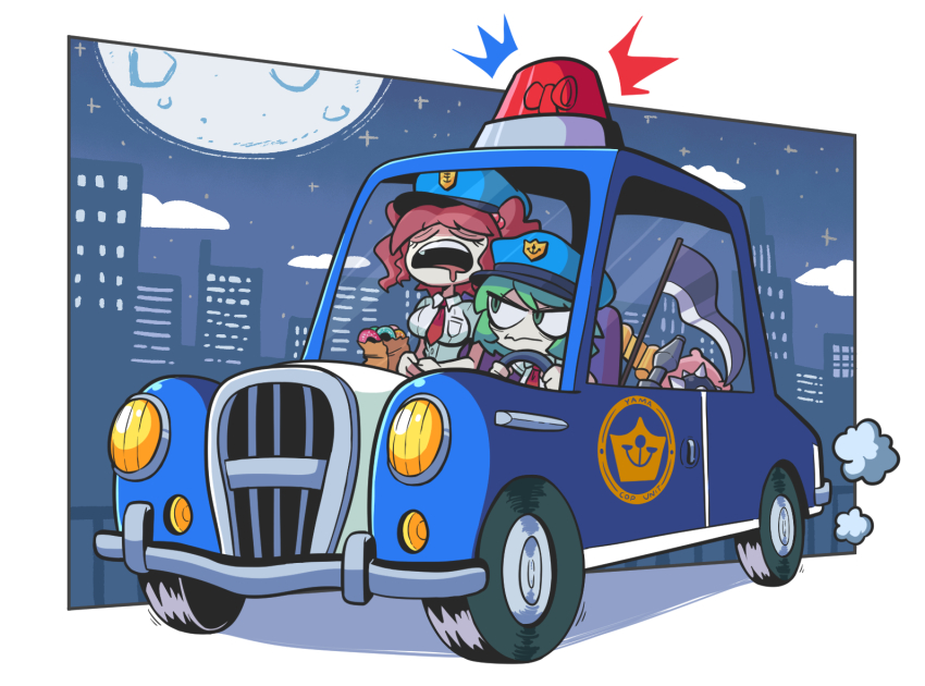 2girls alternate_costume bag blue_hat car city closed_eyes collared_shirt commentary donut driving english_commentary food full_moon green_eyes green_hair hair_bobbles hair_ornament hat kevin_arthur looking_at_another looking_to_the_side moon motor_vehicle multiple_girls necktie night onozuka_komachi open_mouth paper_bag police police_car police_uniform policewoman red_hair red_necktie rock scythe shiki_eiki shirt short_hair sleeping touhou two_side_up upper_body white_shirt