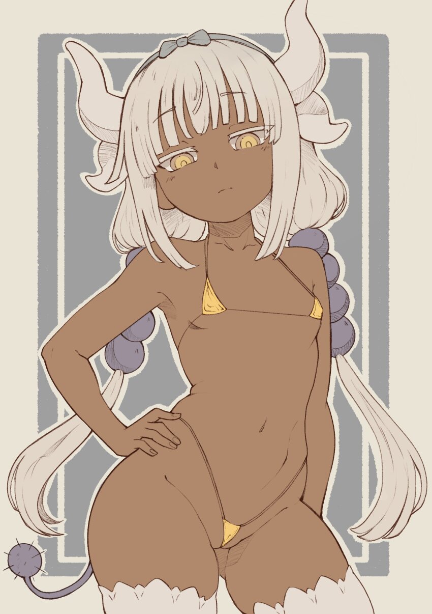 1girl absurdres bikini cowboy_shot dark-skinned_female dark_skin dragon_girl dragon_horns female_focus grey_hair groin gyaru hair_ornament hairband hand_on_own_hip highres horns jitome kanna_kamui kobayashi-san_chi_no_maidragon legs loli long_hair long_twintails looking_at_viewer magnuswalker5 micro_bikini navel solo standing stomach swimsuit tail thighhighs thighs twintails yellow_eyes