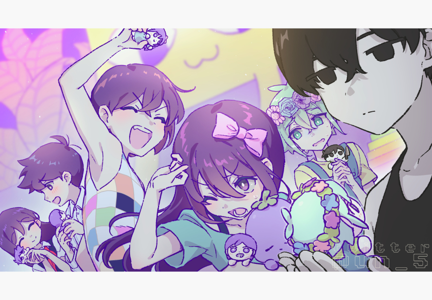 2girls 4boys antenna_hair aqua_shirt arm_up armpits aubrey_(headspace)_(omori) aubrey_(omori) bare_shoulders basil_(headspace)_(omori) basil_(omori) black_eyes black_hair black_tank_top blue_overalls bow bright_pupils brother_and_sister brothers buttons character_doll checkered_clothes checkered_shirt closed_eyes closed_mouth collarbone collared_shirt colored_skin crossed_bangs doll expressionless fang green_eyes green_hair green_shirt hair_between_eyes hair_bow head_wreath hero_(headspace)_(omori) hero_(omori) highres holding holding_stuffed_toy interlocked_fingers kel_(headspace)_(omori) kel_(omori) long_hair long_sleeves looking_at_another lower_teeth_only mari_(headspace)_(omori) mari_(omori) multiple_boys multiple_girls neckerchief no_pupils omori omori_(omori) one_eye_closed open_mouth overalls own_hands_clasped own_hands_together pajamas pink_bow purple_eyes purple_hair purple_sweater_vest red_neckerchief scared shirt short_hair short_sleeves siblings sleeveless smile striped_clothes striped_pajamas striped_shirt stuffed_eggplant stuffed_toy sweat sweater_vest tank_top teeth tendoshi v-shaped_eyebrows vertical-striped_clothes vertical-striped_pajamas vertical-striped_shirt white_pajamas white_pupils white_shirt white_skin
