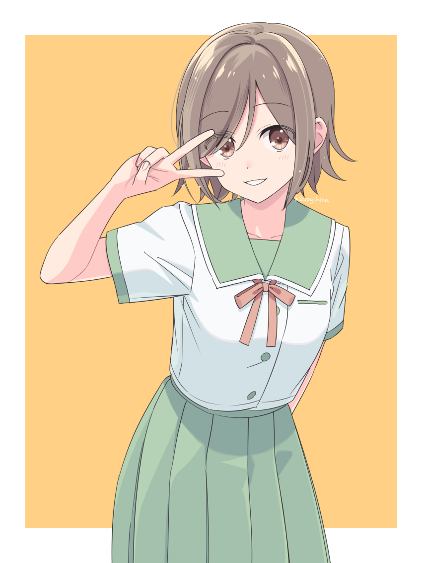 1girl blush border brown_eyes brown_hair green_sailor_collar green_skirt grin highres kisaragi_hina looking_at_viewer orange_background original outside_border sailor_collar school_uniform serafuku shirt short_sleeves skirt smile solo v white_border white_shirt
