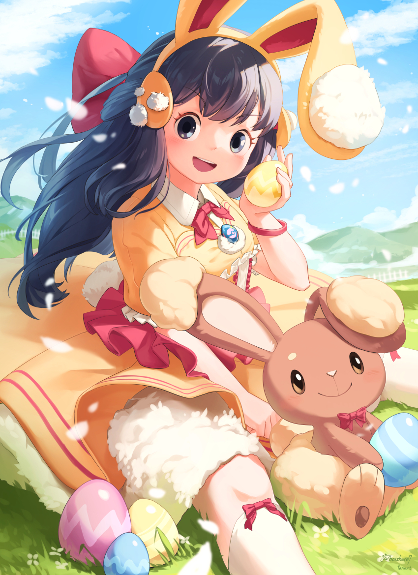 1girl :d absurdres alternate_costume animal_ears black_hair bow bracelet buneary cloud commentary_request dawn_(pokemon) day dress easter easter_egg egg eyelashes fence gen_4_pokemon grass grey_eyes hairband hand_up highres hoishere7 holding jewelry kneehighs knees long_hair looking_at_viewer nintendo open_mouth outdoors pokemon pokemon_(creature) pokemon_dppt rabbit_ears short_sleeves shorts sitting sky smile socks teeth upper_teeth_only white_shorts white_socks yellow_dress yellow_hairband