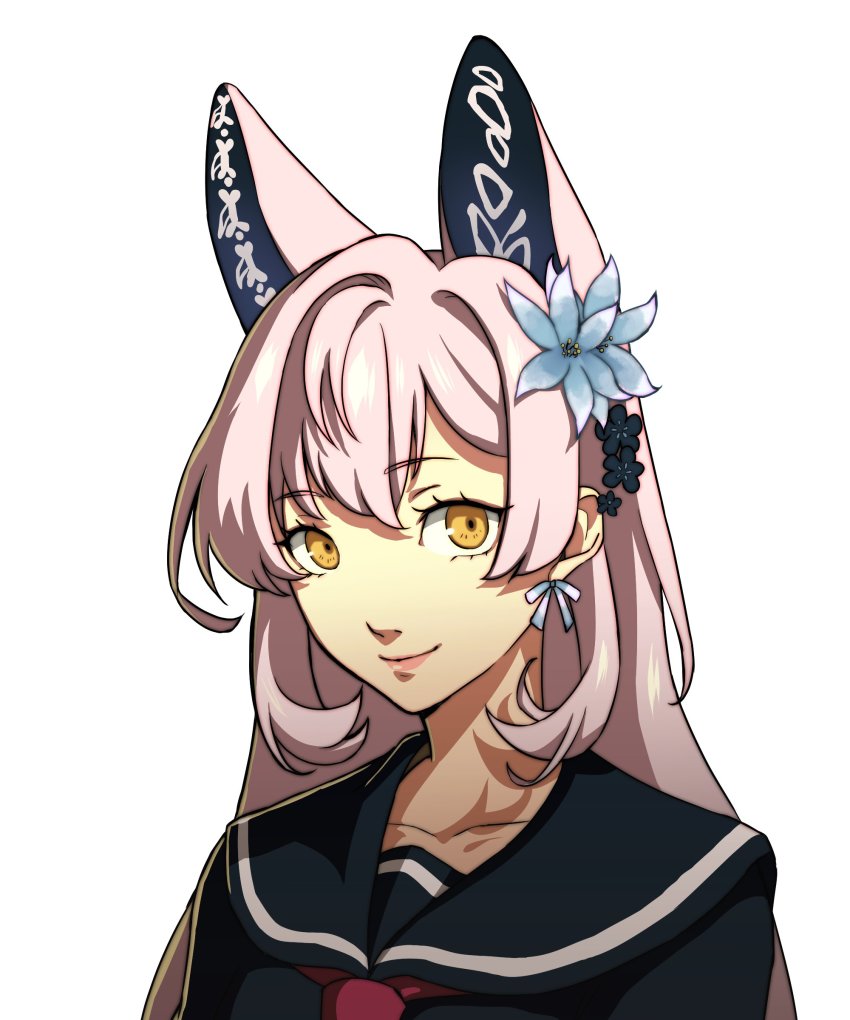 1girl absurdres animal_ears artist_request commentary english_commentary euphemia_chevalier flower fox_ears hair_flower hair_ornament highres indie_virtual_youtuber parody persona pink_hair school_uniform second-party_source serafuku soejima_shigenori_(style) solo style_parody virtual_youtuber white_background yellow_eyes