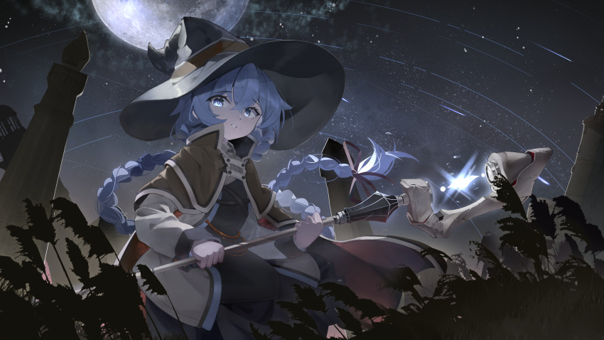1girl absurdres bing_nuan_nuan blue_hair braid brown_cape cape commentary_request crescent_moon crossed_bangs hat highres holding holding_staff leaf long_hair long_sleeves looking_at_viewer moon mushoku_tensei night night_sky outdoors parted_lips roxy_migurdia sky solo staff star_trail tower twin_braids upper_body witch witch_hat