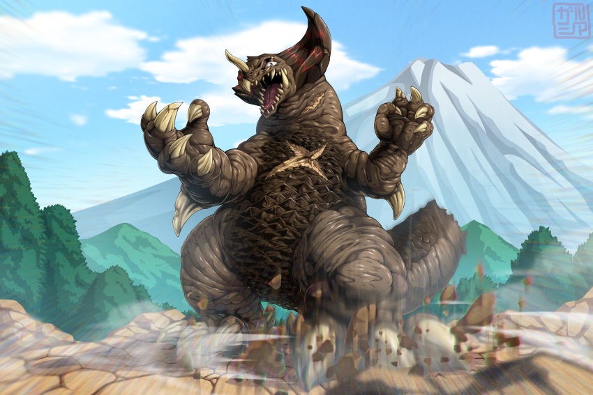 amputee artist_logo blue_eyes blue_sky broken_horn broken_nail claws cloud day dinosaur dirt dust elbow_blade elbow_spikes forest giant giant_monster gomora highres horns inkan kaiju levanshousa913 logo looking_at_viewer monster motion_blur motion_lines mountain nature no_humans open_mouth rock scar scar_across_eye scar_on_chest scar_on_face scar_on_neck sharp_teeth sky snow spikes tail teeth tongue tree tsuburaya_productions ultra_series ultraman_(1st_series)