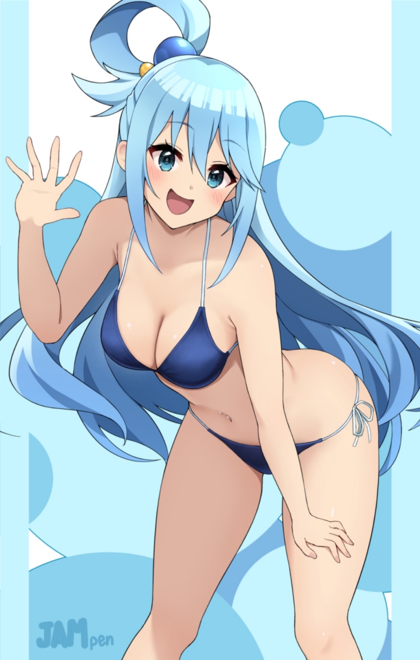 1girl aqua_(konosuba) bare_shoulders bikini blue_bikini blue_eyes blue_hair blush breasts cleavage collarbone hair_ornament hair_rings highres jampen kono_subarashii_sekai_ni_shukufuku_wo! large_breasts long_hair looking_at_viewer navel navel_piercing open_mouth piercing single_hair_ring smile solo swimsuit thighs