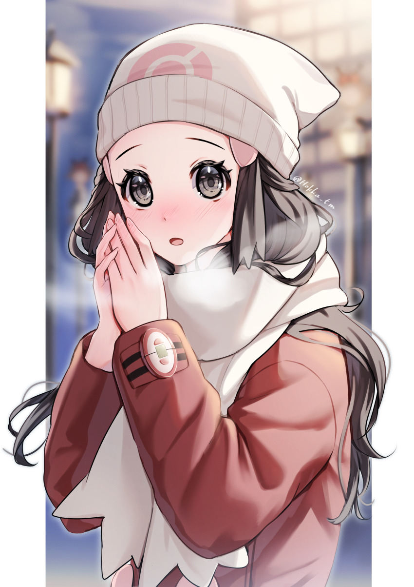 1girl :o absurdres beanie black_hair blurry blurry_background breath coat commentary_request dawn_(pokemon) enpera eyelashes hair_ornament hairclip hands_up hat highres hokka_tm long_hair long_sleeves nintendo open_mouth own_hands_together pillarboxed pokemon pokemon_dppt pokemon_platinum red_coat scarf solo upper_body white_hat white_scarf winter_clothes
