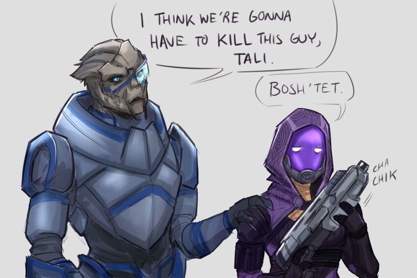 1boy 1girl alien armor black_bodysuit black_sclera blue_eyes bodysuit bright_pupils cocking_gun colored_sclera commentary english_commentary english_text garrus_vakarian grey_background gun hand_on_another&#039;s_shoulder head_tilt highres holding holding_gun holding_weapon hood hood_up i_think_we&#039;re_gonna_have_to_kill_this_guy_steven_(meme) mass_effect_(series) mass_effect_2 meme migs_(migs_ink) profanity quarian tali&#039;zorah turian weapon white_pupils