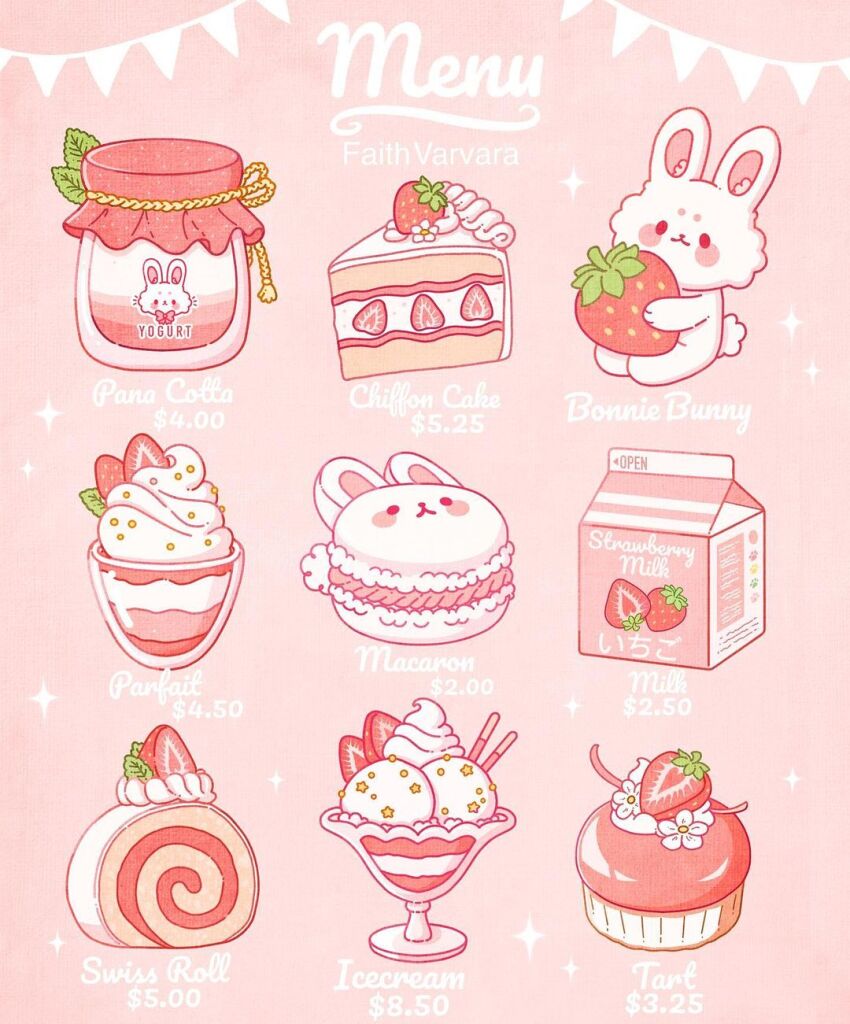 :3 animal-themed_food blush_stickers cake cake_slice chiffon_cake closed_mouth commentary english_commentary english_text faith_varvara flower food fruit garland_(decoration) glass highres holding holding_food holding_fruit ice_cream icing jar leaf macaron menu milk milk_carton original oversized_food oversized_object pannacotta parfait pink_background pink_theme pocky price rabbit red_eyes rope simple_background sitting smile solid_circle_eyes sparkle sprinkles star_(symbol) strawberry strawberry_icing strawberry_slice swiss_roll tart_(food) white_flower