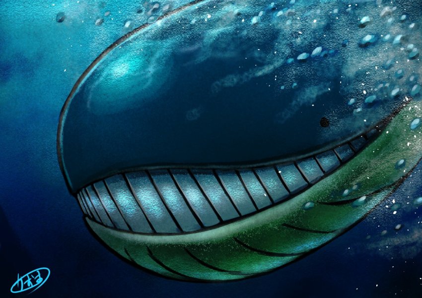 air_bubble black_eyes bubble commentary_request gen_3_pokemon kaosu_(kaosu0905) nintendo no_humans parted_lips pokemon pokemon_(creature) signature solo teeth underwater wailord