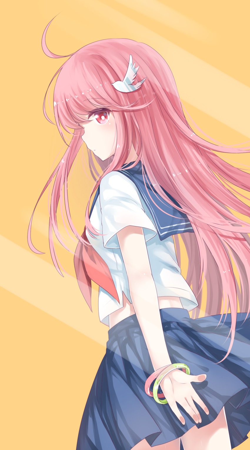1girl ahoge blue_skirt bracelet eyebrows female_focus from_side hair_ornament highres jewelry long_hair meigo_arisa orange_background pink_hair pleated_skirt red_eyes school_uniform serafuku shirt skirt solo toaru_majutsu_no_index transistor white_shirt